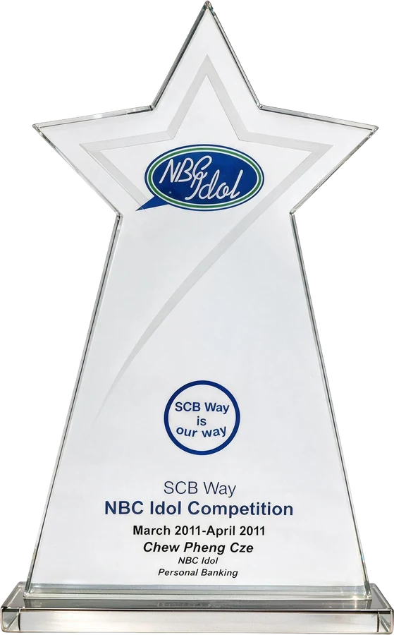 Crystal star trophy: NBC Idol, Personal Banking, SCB Way NBC Idol Competition 2011, engraved BM Chew